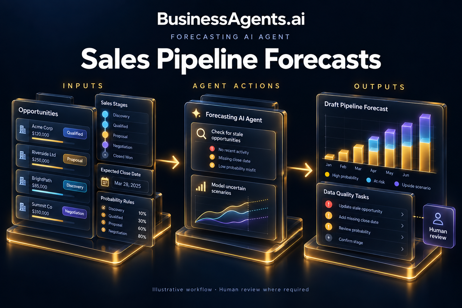 Forecasting — Sales pipeline forecasts. Inputs: Opportunity values, stages, expected close dates and approved probability rules. Agentic work: Checks stale opportunities, calculates scenarios using the supplied rules and highlights concentration or timing uncertainty. Requests owner updates instead of treating projections as commitments. Outputs: A pipeline forecast and data-quality action list.