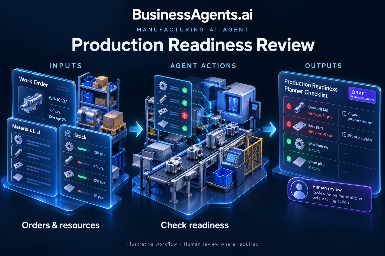 Manufacturing — Production readiness review. Inputs: Work orders, bills of materials, stock records and capacity reports. Agentic work: Checks material and resource dependencies, flags missing prerequisites and prepares a readiness summary. Asks planners to resolve conflicts before releasing work. Outputs: A readiness checklist, shortage alerts and planner tasks.