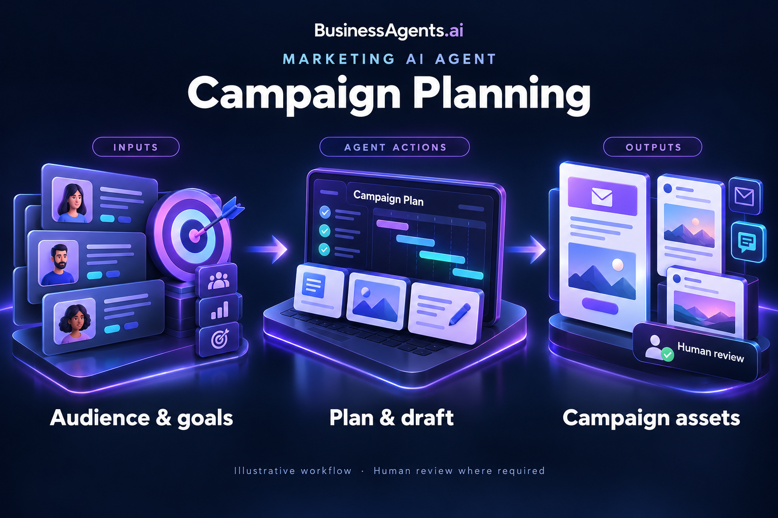 Marketing — Campaign planning. Inputs: Campaign goal, approved offers, audience segments and brand guidelines. Agentic work: Reviews past campaign results, selects relevant messages for each segment and drafts a coordinated email and social plan. Routes claims and creative to the marketing owner before publishing. Outputs: A campaign brief, audience-specific copy and a review queue.