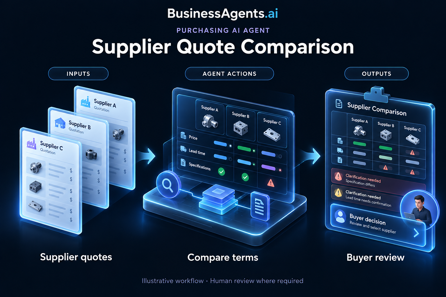 Purchasing — Supplier quote comparison. Inputs: Supplier quotes, required specifications, quantities and delivery needs. Agentic work: Normalizes pricing, shipping and lead times, compares offers against approved criteria and flags exclusions or missing terms. Presents options for the buyer to choose. Outputs: A comparison table, recommended options and clarification questions.