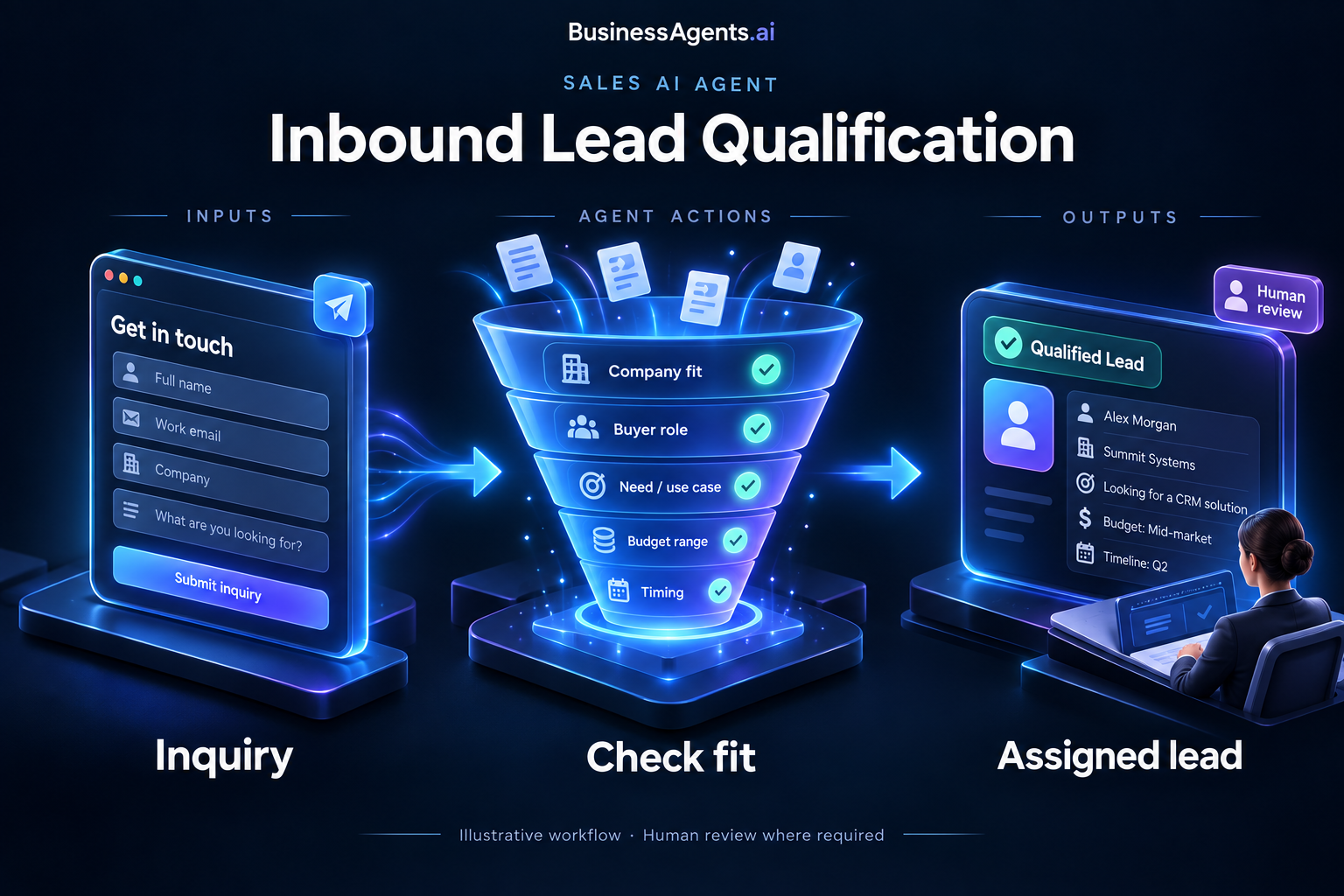 Sales — Inbound lead qualification. Inputs: Website inquiries, CRM history, service area and approved qualification questions. Agentic work: Checks for an existing contact, gathers missing needs and timing, compares the inquiry with your fit criteria and routes it to the right representative. Escalates unclear or unusual requirements. Outputs: An enriched lead record, qualification summary and assigned follow-up task.