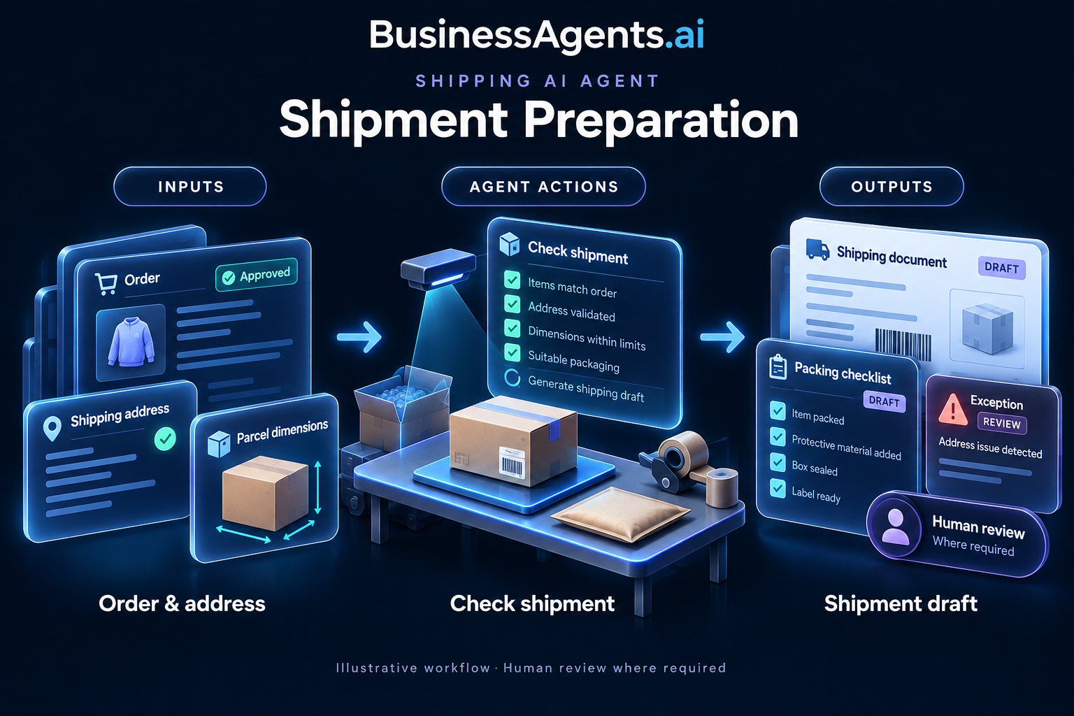 Shipping — Shipment preparation. Inputs: Approved orders, verified addresses, item weights and packaging rules. Agentic work: Checks fulfillment details, identifies missing information and prepares carrier-ready shipment data. Routes the booking for approval when costs or requirements exceed set limits. Outputs: A shipment draft, packing checklist and exception queue.