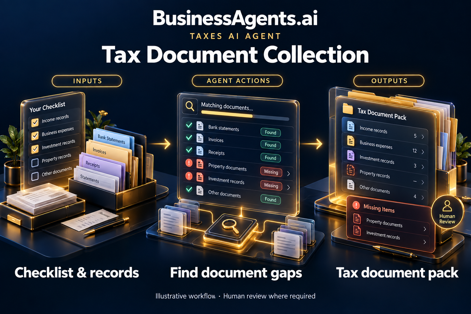 Taxes — Tax document collection. Inputs: Accountant-provided checklist, reporting period, source records and document owners. Agentic work: Matches available documents to the checklist, identifies gaps and coordinates requests through approved channels. Tracks completion without deciding tax treatment. Outputs: An indexed tax document pack and missing-item tracker.