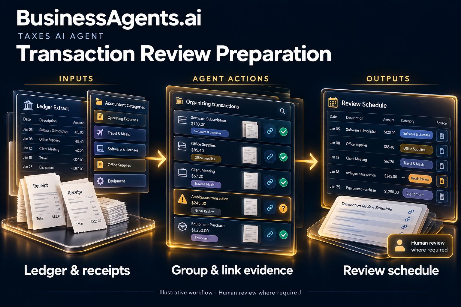Taxes — Transaction review preparation. Inputs: Ledger extracts, supporting receipts and accountant-defined categories. Agentic work: Groups transactions under the supplied categories, links supporting records and isolates ambiguous items. Routes classification decisions to the tax professional. Outputs: A transaction review schedule with source references.